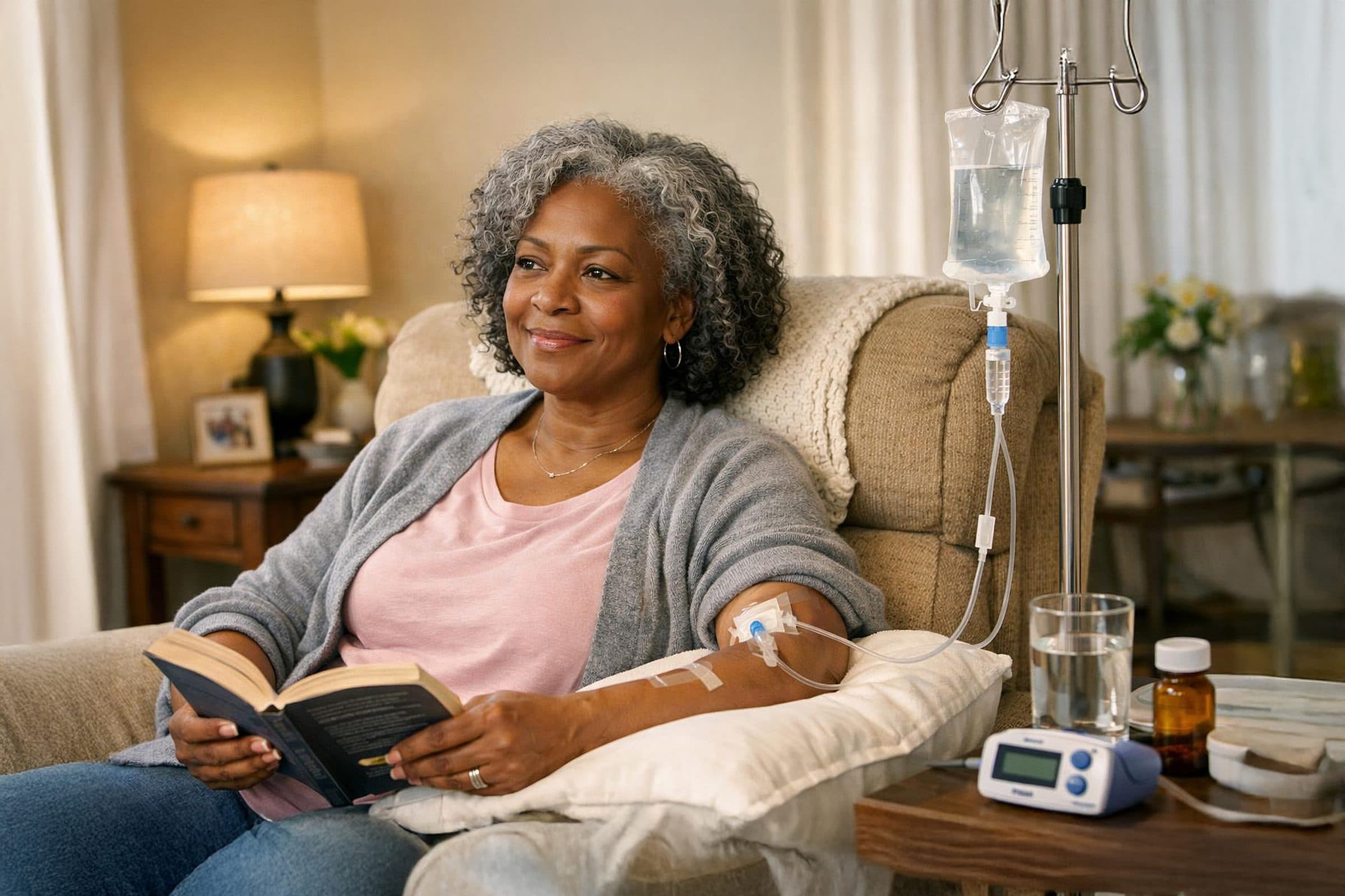 A woman reading a book at home during her infusion